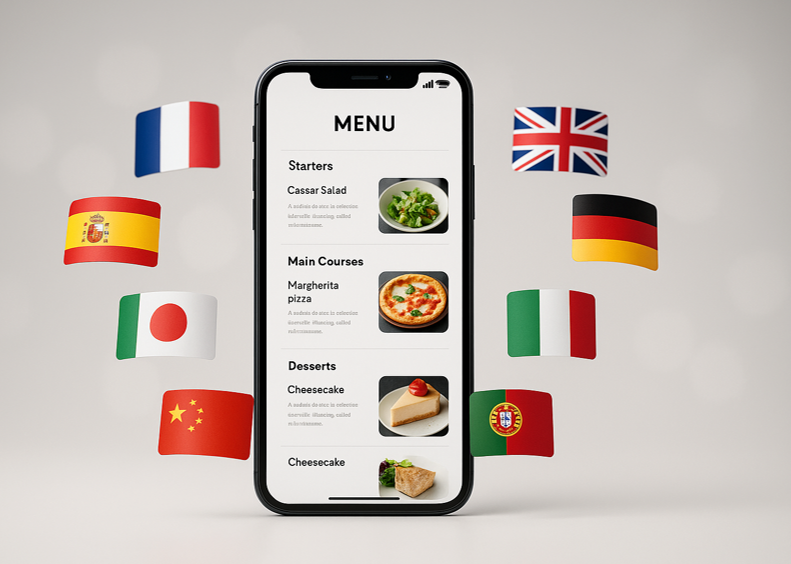Carta digital de Carta360 en móvil rodeada de banderas para representar la experiencia multidioma